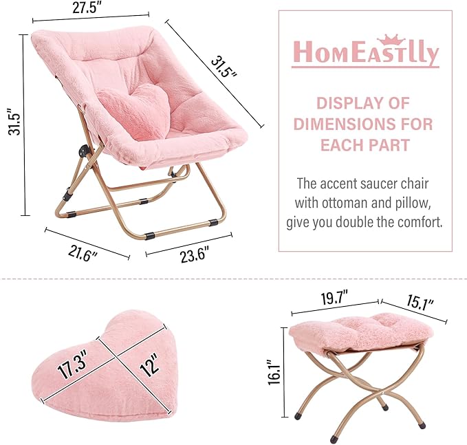 Comfy Saucer Chair with Ottoman Oversized Folding Faux Fur Chair Soft Furry Lounge Lazy Chair with Metal Frame Moon Chair Accent Chair for Bedroom Living Room Dorm Rooms