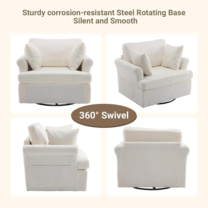 Karl home 39 Swivel Accent ChairOversized Seat Armchair W/2 Pillows and 4 PocketsModern Upholstered Corduroy Barrel ChairsComfy Single Sofa for Living RoomReadingBedroom and Office-Beige