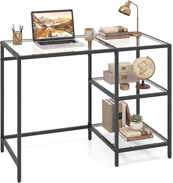 Giantex Computer Desk 42 Inch Home Office Desk with Tempered Glass Storage Shelves &amp Metal Frame Modern Work PC Desk Study Writing Table for Small Space Black