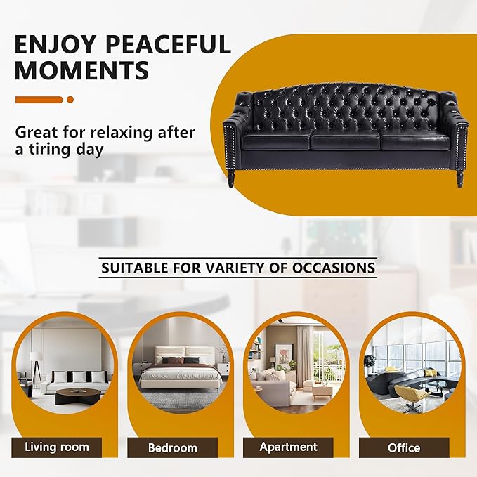 AVZEAR 3 Seater Large Sofa Chesterfield Sofa Set 80 Mid-Century Modern PU Sofa Upholstered Couch with Nailhead Trim and Button Tufted for Living Room Office Bedroom Black