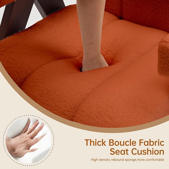 Accent Chair Mid-Century Modern with Wide Backrest for Bedroom Upholstered Living Room Chair with Wooden Lounge Armchair with Thick Cushion Cute Teddy Comfy Chair Orange