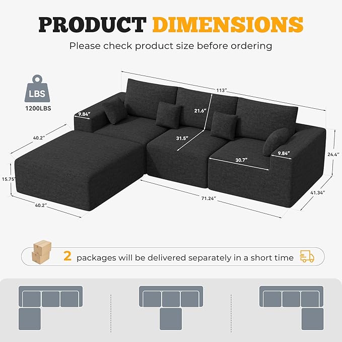 113 Modular Sectional Sofa Convertible L-Shaped Cloud Couches for Living Room with Ottoman 4 Seater Chenille Boneless Couch Sofa Set No Assembly Required Black 1 PCS