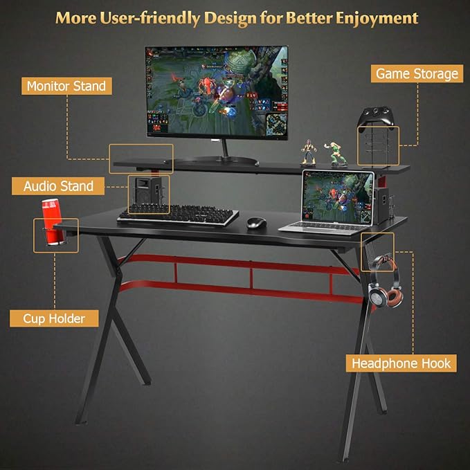Tangkula Gaming Desk Professional Gamer Workstation with Cup Holder Headphone Hook Handle Rack Ergonomic PC Gaming Table with Monitor Stand E Sports Computer Desk Table for Home Office (Black)
