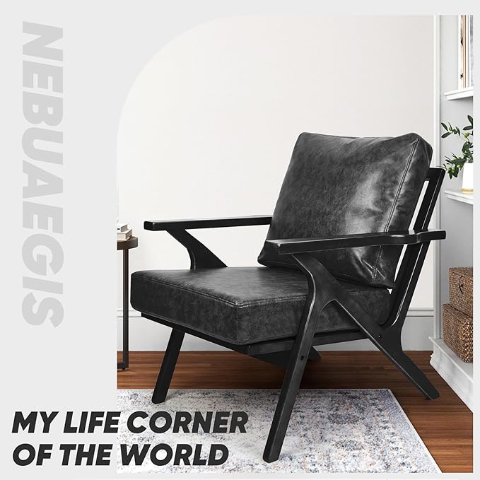 Mid-Century Modern Accent Chairs PU Leather Fabric Thicker Upholstered Armchair 1PCS for Bedroom Living Room-Black