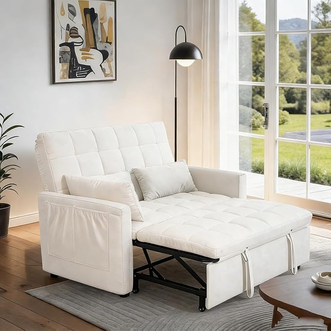 66 Beige Sofa Sleeper Loveseat Sofa Bed Queen Size Pull Out Couch with 2 Pillows Pocket &amp Adjustable Backrest Small Couch Bed for Small Spaces Bedroom Apartment Living Room | Convertible A