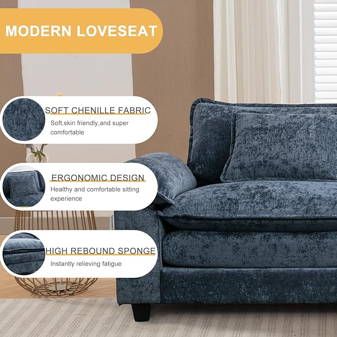 Modular Sectional Sofa 86 L Shaped Couch Set with Movable Ottoman Chenille Comfy Cloud Couch Sectional Set Extra Deep Seat Sofa with 2 Pillows for Living Room (Blue 2-Seat &amp 1-Ottoman)