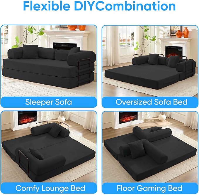 Mjkone 78.7 W Convertible Folding Mattress Couch with Armrest Corduroy Floor Sofa Bed with Metal Fixed-Shape Frame 5-in-1 DIY Futon Lazy Sofa Cama Lounge Couch for Living Room Bedroom Studio Grey
