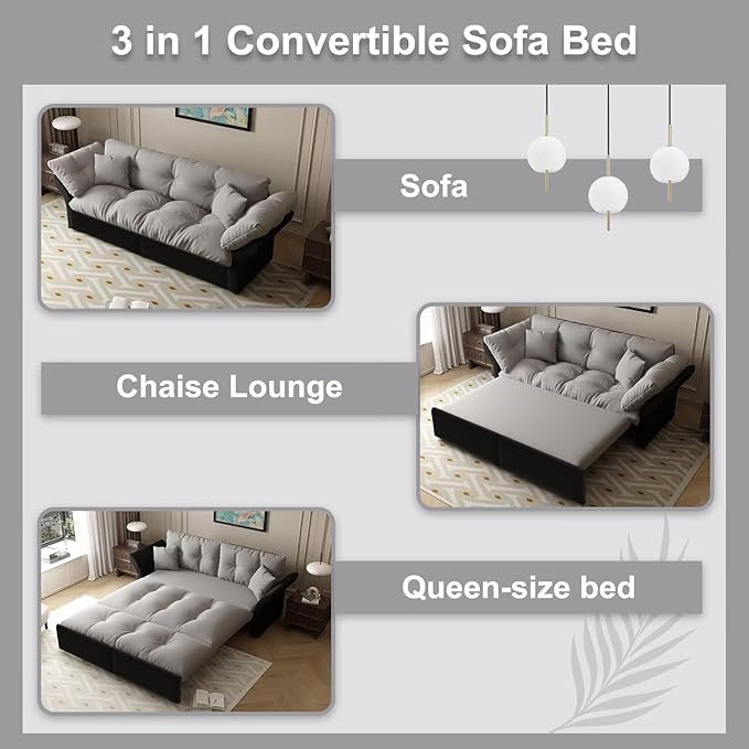 74.8-Inch Queen Size Pull-Out Sofa Bed 3-in-1 Convertible Velvet Loveseat Couch with Tufted Back &amp 2 Pillows Grey