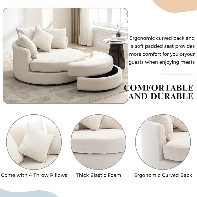 Merax 360° Swivel Barrel Chair with Half Moon Storage Ottoman Oversized Leisure Round Single Sofa Large Chaise Lounge &amp 4 Pillows Comfy Linen Upholstered Accent Armchairs for Living Room Cream