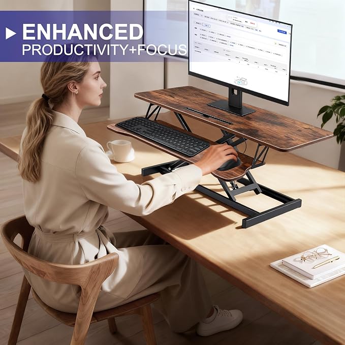 38-Inch Height Adjustable Standing Desk Converter Duals Monitor &amp Laptop Riser with Wide Keyboard Tray Sit to Stand Ergonomic Workstation for Home Office School Business Tiger Brown