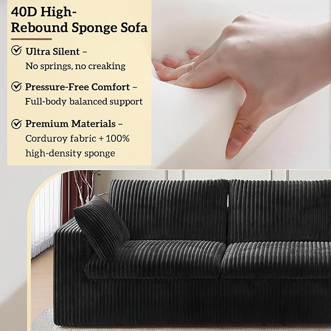 157.6 Cloud Couch Oversized Modular Sectional Sofa Boneless U-Shaped 6 Seater Deep Seat Couch with Ottoman Soft Corduroy Upholstery DIY Combination for Living Room No Assembly Required Black