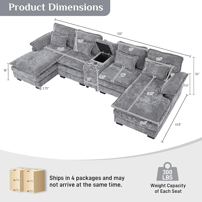 132 Oversized U Shaped Cloud Couch Modular Sectional Couches for Living Room Comfy Chenille Deep Seat Sofa Set with Double Chaise Lounge Storage Central Console Cup Holders USB Port Light Grey