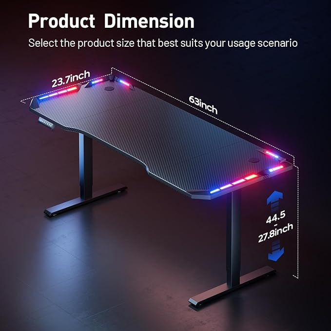 HLDIRECT Gaming Standing Desk with LED Lights 63 Inch Electric Height Adjustable Table with Headphone Hook Carbon Fiber Surface Sit Stand Gamer Desk Computer Workstation for Bedroom Home Black