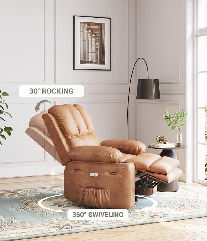Power Recliner Chair for Adults with Massage and Heat Swivel Oversized Leather Recliner Chair with USB Ports &amp Side Pockets for Living Room (22 Medium-Seat WidthCoffee)