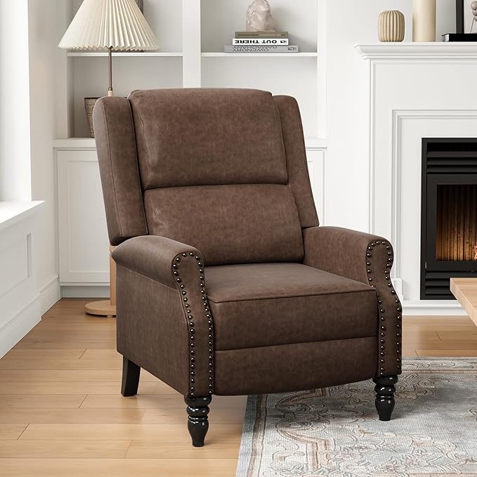 Leather Recliner Chair Pushback Recliner Chair with Adjustable Backrest Footrest Mid-Century Modern Living Room Reclining Chairs with Lumbar Support for Reading Bedroom (Brown)