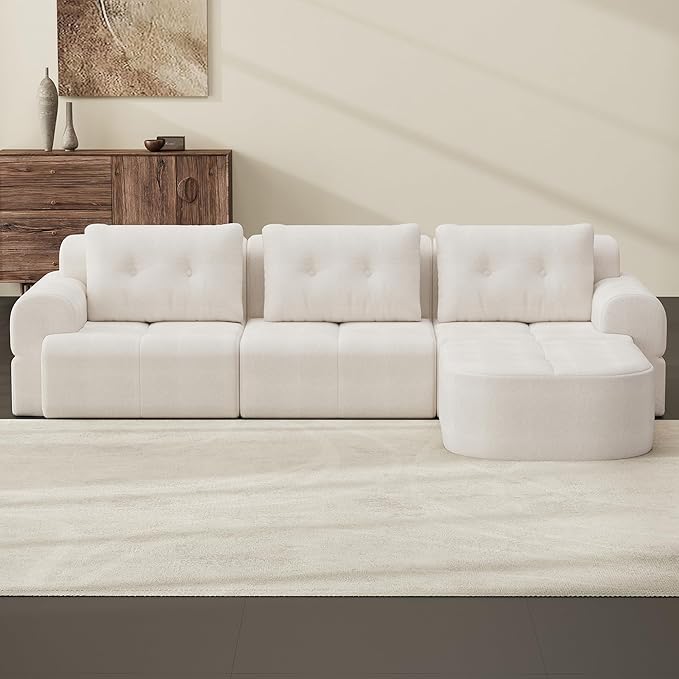 Boneless L-Shaped Modular Couch - 110 Inch Cloud Chenille Compression Sectional SofaNo Assembly Required Ideal for Apartments &amp Living RoomsBeige White