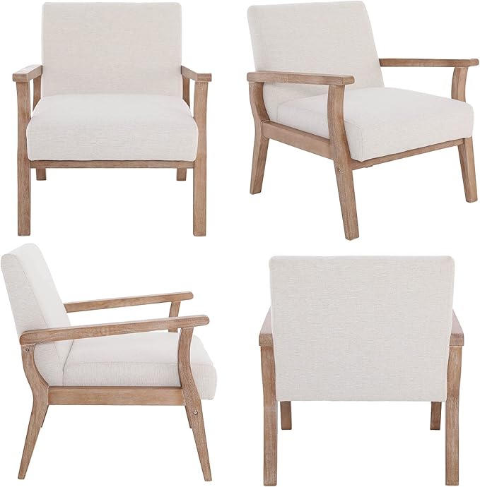 Wahson Comfy Living Room Chairs Linen Upholstered Accent Chairs Farmhouse Armchairs with Natural Wood Frame Oversized Decorative Chair for Bedroom Beige