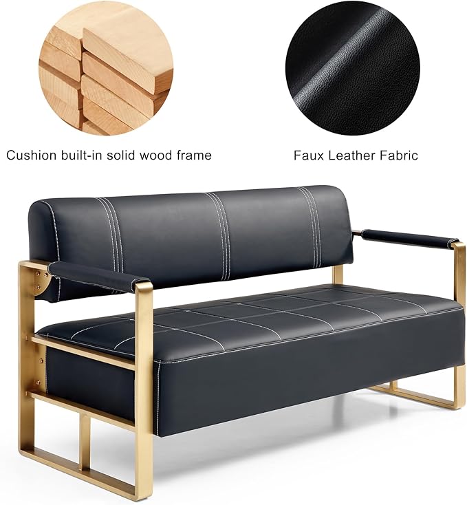 57.9 Modern Leather Loveseat Sofa Upholstery Faux Bonded Leather Accent Futon Couch with Metal Square Arms for Living Room Office Apartment (Black)