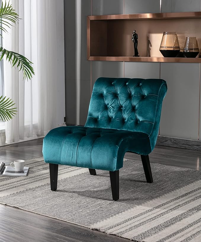 KINFFICT Velvet Accent Lounge Chair for Living Room Modern Leisure Chair with Tufted Backrest Indoor Armless Side Chair Upholstered Bedroom Sleeper Chair with Solid Wood Legs