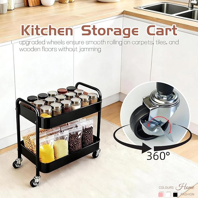 2 Tier Rolling Cart with Wheels for Under Desk Storage &amp Pantry Room Large Capacity Laundry Room &amp Makeup Organizer Sturdy Kitchen Utility Cart for Small Space with 4 Hooks Black