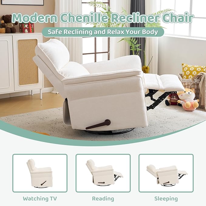 Oversized Rocking Chair Nursery with Adjustable Headrest 26 Extra Wide Glider Recliner Nursery Chair for Nursery 360° Swivel Rocker Recliner with Overstuffed Armrest White