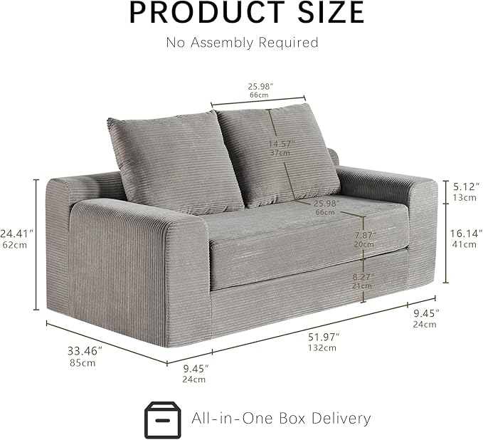 Chogori Loveseat Sleeper Sofa Bed Modern Corduroy Boneless Convertible Couch with Pull-Out Seat Cushion Two Seater Couch for Living Room Bedroom Apartment Home Office No Assembly (Gray)