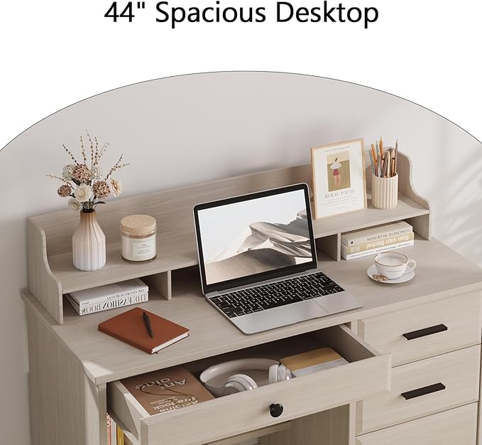 Small Desk with 4 Drawers Computer Desk with Storage &amp Monitor Stand for Small Space Office Desk with File Drawers &amp Shelve for Bedroom Wood Writing Desk with Hutch Milky White