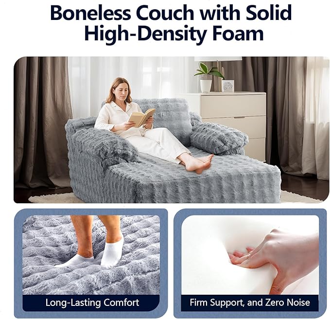 VINGLI 67.7 Oversized Chaise Lounge Chair Indoor Reading Chairs Comfy Bubble Fleece Upholstered Boneless Sofa Bed Sleeper Sofa Cloud Couches for Living Room Bedroom Play Room (Light Grey)