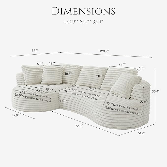 120.9 Curved L-Shape Sectional Sofa with Left Chaise Cloud-Like Corduroy Couch with Pocket Springs No Assembly Required Compressed in Box for Living Room &amp Apartment Cream