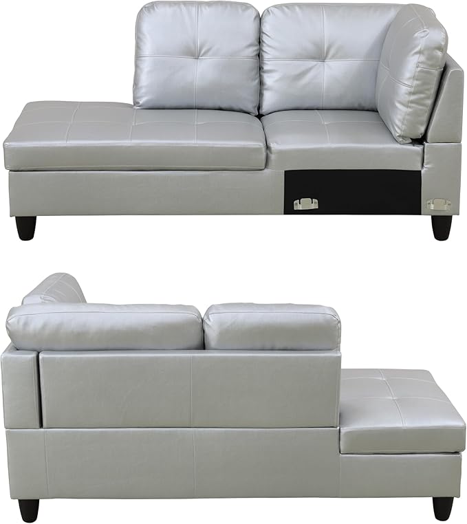 103.5 Inch Modern L-Shaped Couch PU Leather Sectional Sofa with Chaise Lounge 4-Seater Couch with Accent Pillows for Living Room Apartment Silver