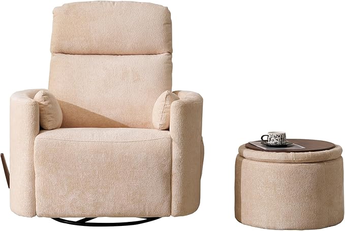 Oversized Swivel Rocker Recliner Chair with Massage and Heat Manual Swivel Glider Rocker Recliner with 2 Bolster Pillows Rocking Nursery Chair with Storage Ottoman  Adjustable Headrest Beige