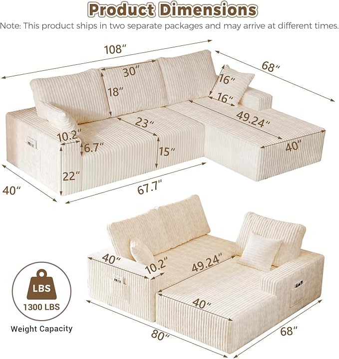 108” L Shape Sectional Boneless Couch35D Sponge Comfy 3 Seat SofaCloud Thickened FlannelModular Couches for Living RoomNo AssemblyDeep SeatOversized Chaise (White 108 Right Chaise)