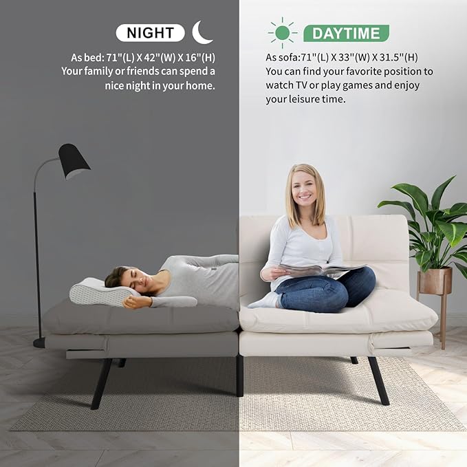 MUUEGM 71 Futon Sofa Bed Convertible Couch Filled with Memory Foam Modern Loveseat with Adjustable Backrest&ampArmrest Sofas for Living RoomGame RoomDormitoryOffice.White Leather