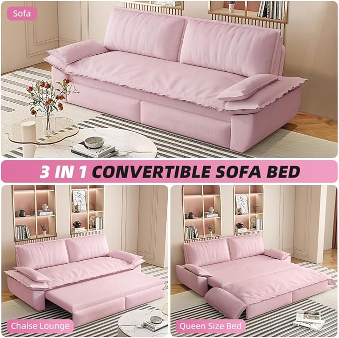 Cilee 73.2 Folding Sofa Bed 3-in-1 Convertible Loveseat Sleeper Sofa Pull Out Futon Sofa Bed Comfy Floor Couch with Storage Pocket &amp 2 Pillows Love Seats Furniture for Living Room Velvet Pi