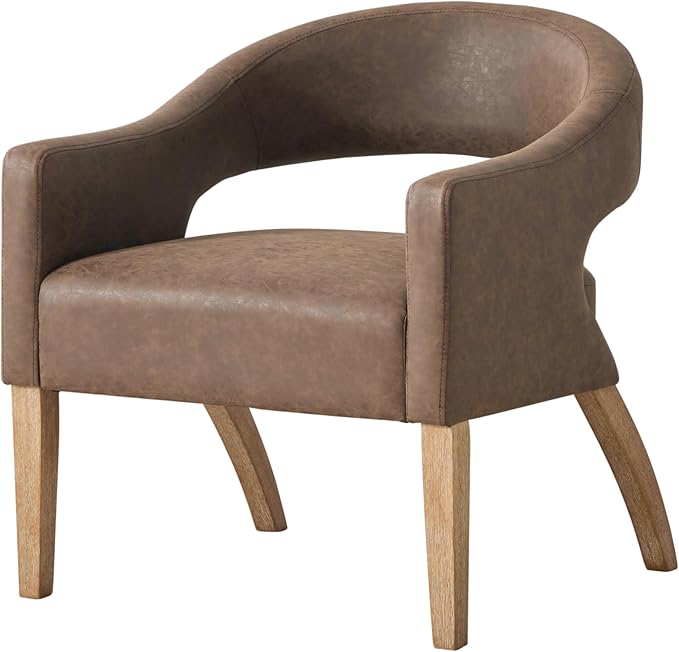 Modern Accent Chair Upholstered PU Leather Barrel Armchairs with Rubberwood Legs Comfy Lounge Arm Chair Hollow-Out Side Club Chair for Living Room Bedroom Office (Coffee-Wide)