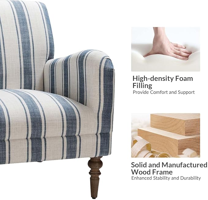 HULALA HOME Modern Accent Chair with Arms and Wooden Legs Comfy Upholstered Armchair for Living Room Bedroom (Stripe Pattern Navy)