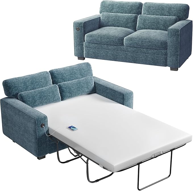 Marsail Pull Out Sofa Bed Queen Size Sleeper Sofa with Memory Foam Mattress 2 USB Charging and Removable Covers Loveseat for Living Room Apartment Supports 600 LBS Chenille Fabric Blue