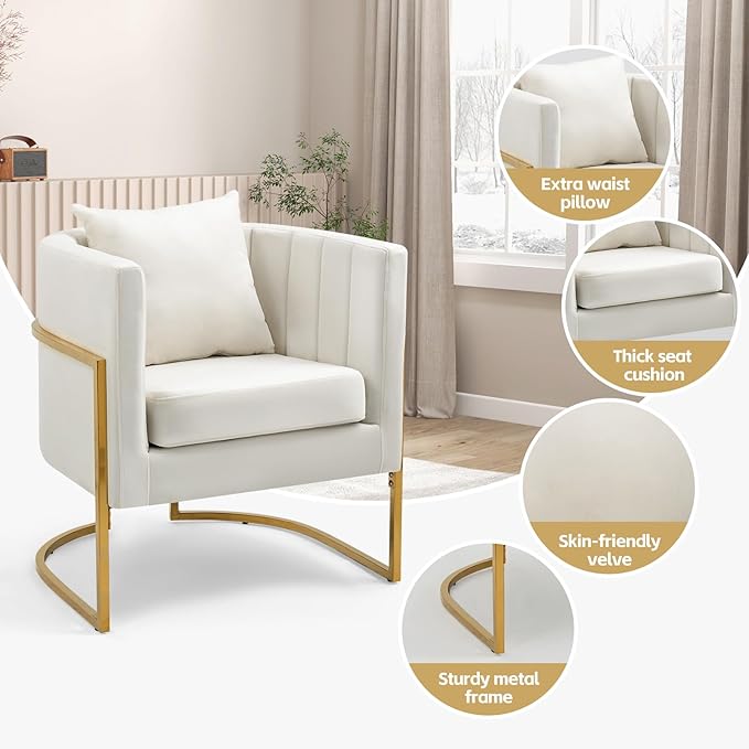 Velvet Modern Living Room Accent Chairs Set of 2 Upholstered Mid-Century Barrel Chairs for Bedroom Side Club Reception Chairs with Gold Metal Legs White