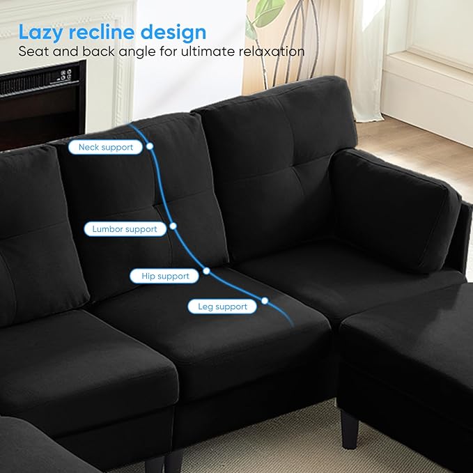 PUREMIND Sectional Couches for Living Room Modern Snow Velvet U-Shaped Sofa Couch with Double Chaise Upholstered 4 Seater Home Sofa for Living Room Apartment Office Black