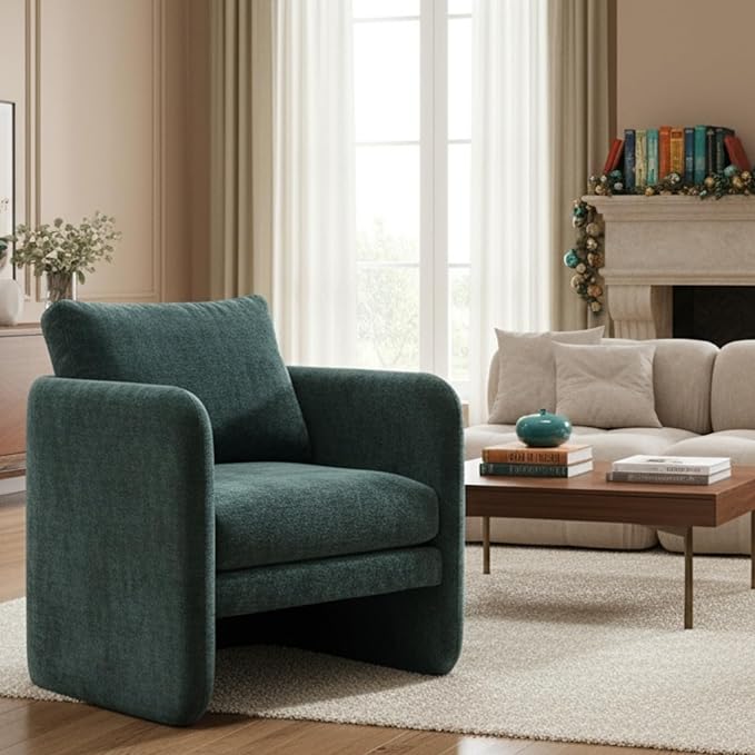 Modern Barrel Accent Chair Mid-Century Beige Chenille Fabric Armchair for Living Room Comfy Upholstered Reading Accent Chairs Single Sofa Chair for Bedroom Waiting Room Office1 PCS Green