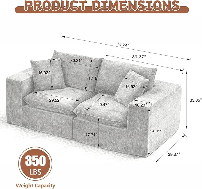 78” Cloud Loveseat Sofa with Cushions Boneless Couch in a Box Chenille Foam Couch for Bedroom Living Room Apartment Modern Small No Assembly (White)