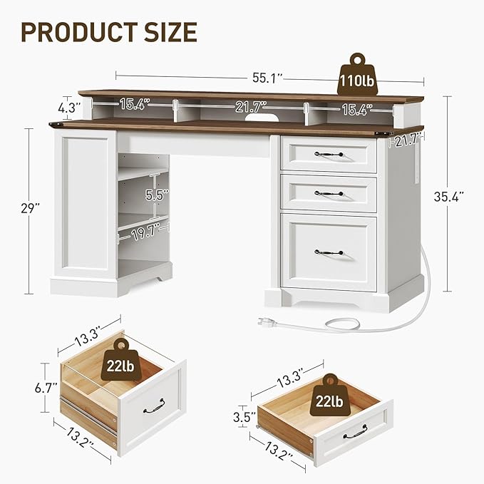 55'' Farmhouse Executive Desk with Drawers Computer Desk with File Cabinet and Side Bookshelf Writing Gaming Desk with Monitor Stand &amp Charging Station White and Walnut