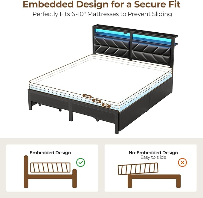 Seventable Queen Bed Frame with 4 Storage Drawers Charging Station &amp LED Lights Upholstered Headboard with 2-Tier Shelves Metal Platform Bed No Box Spring Needed Noise-Free Black