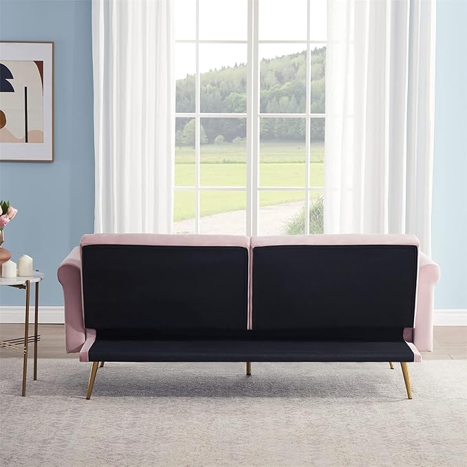 69.7'' Convertible Velvet Sleeper Sofa Bed Upholstered Futon Couch with Nail Head Trim and 2 Matching Throw Pillow for Living Room Bedroom Home Office (Pink)