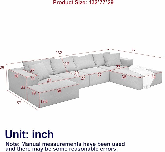 KEIKI Sectional Sofa Couch Set Modular 132 L Shaped Couch Set with 6 Pillows Free Combination Upholstered Sofa Couch for Living Room Bedroom Grey