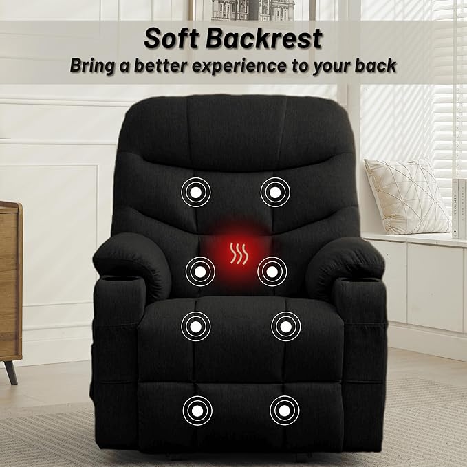 Power Recliner Chair with Massage and Heating Electric Recliner Chair for Elderly and Adults Power Lift Recliner with Remote Control and Cup Holders for Living Room Linen Fabric Black