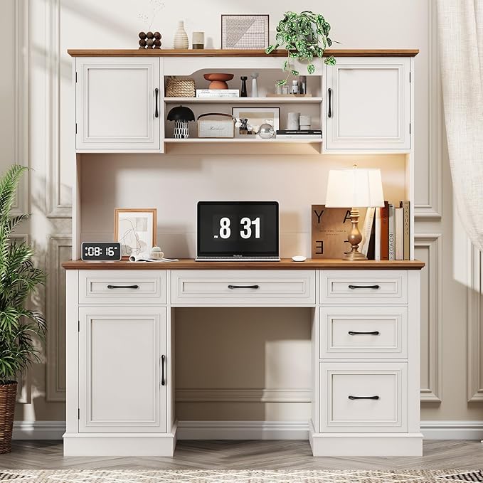 Vabches 67 H Farmhouse Executive Desk with Hutch.Wood Workstation with 5 DrawersStorage CabinetFile Drawers and Charging Station Ideal as Office DeskComputer Desk for Home Office Study(White