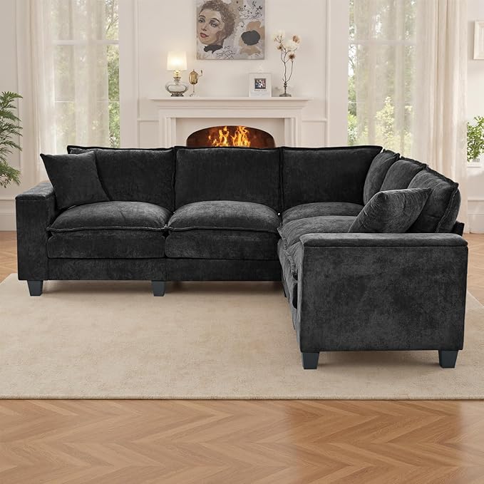 97 5 Seater L Shaped Couch Corner Sofa Oversized Cloud Couch with 2 Pillows Chenille Modular Sectional Sofa Armrests with Two Hidden Storage Space Sectional Couches for Living Room Black