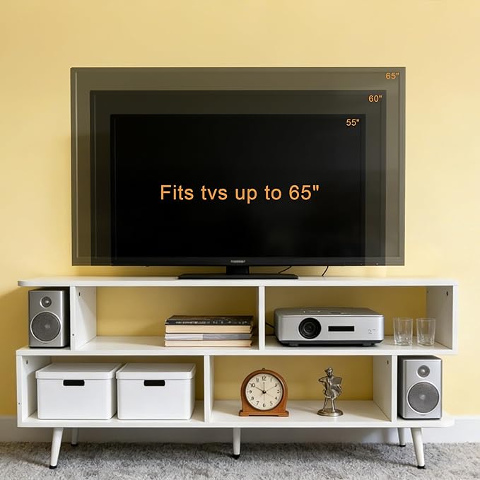 Lightdot 55 Inch TV Stand up to 65 Inch TVs Large Storage for Collection with 6 Open Shelves Sturdy Media Console Table for Living Room/Entrance/Kitchen/Sofa Cabinet Easy Assembly White