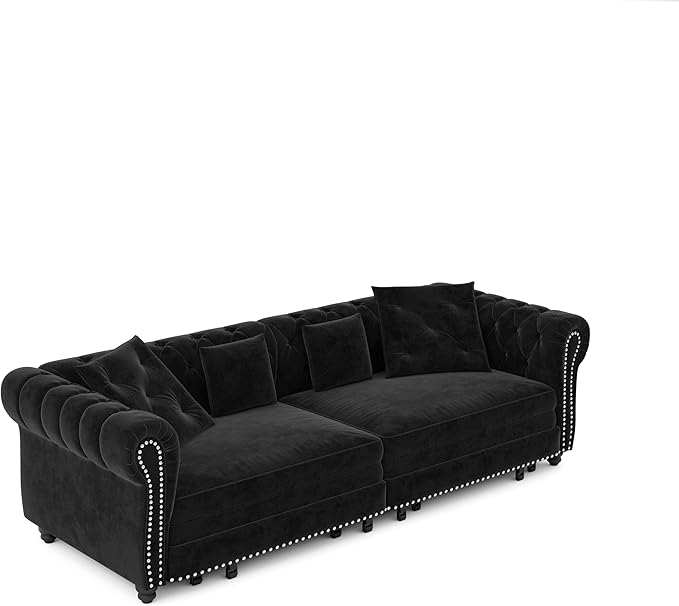 89'' Pull Out Sofa Bed King Chesterfield Velvet Sleeper Sofa Convertible L-Shaped Futon Couch Tufted Back 4 Pillows Ottoman Deep Seat Loveseat Couches for Living Room Apartment Black